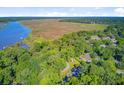 Aerial view of a home surrounded by mature trees and close proximity to the river and marsh at 7074 W Constellation Dr, North Charleston, SC 29418