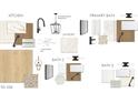 An interior design mood board showcasing kitchen and bath finishes, flooring, fixtures, and lighting at 731 Maynard Ln, Summerville, SC 29486