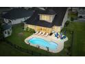 Aerial view showcasing a backyard oasis with a pool, lounge chairs, and a cozy fire pit area at 404 Topcrest Ln, Moncks Corner, SC 29461