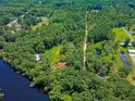 An aerial view of wooded acreage featuring a pond, green lawns, and a winding dirt road at 150 Riverbend Ln, Ridgeville, SC 29472