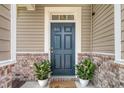 Inviting entryway featuring a blue front door flanked by potted plants and brick accents at 314 Sanctuary Park Dr, Summerville, SC 29486