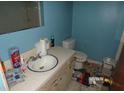 Bathroom with blue walls, standard toilet, sink, and mirror at 403 Bryan St, Summerville, SC 29483