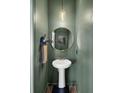 Stylish powder room featuring a pedestal sink, round mirror, decorative light fixture, and green accent wall at 138 Sweet Cherry Ln, Summerville, SC 29486
