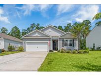 Charming single-story home with gray siding, a well-manicured lawn, and a two-car garage at 360 Bering Ln, Summerville, SC 29486