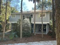 Gray two-story house with white trim, elevated foundation, and surrounding trees at 61 Twin Oaks Ln, Isle of Palms, SC 29451