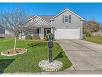 Gray house with white garage door, manicured lawn, and American flag at 1403 Red Knot Ct, Hanahan, SC 29410