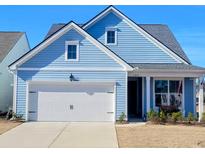 Charming light blue house with white garage door and landscaping at 123 Leeward Lndg, Summerville, SC 29486