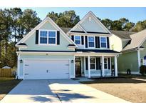 Two-story house with light green siding, white trim, and a double garage at 499 Nelliefield Trl, Wando, SC 29492