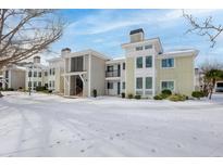 Snow covered exterior of modern condo building with light-colored siding at 267 Alexandra # 6, Mount Pleasant, SC 29464