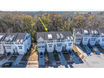 Aerial view of townhome community showcasing a three-story townhome with gray siding at 113 Claret Cup Way, Charleston, SC 29414