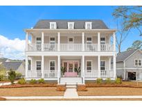 Charming two-story home featuring a welcoming double porch, white columns, and a delightful pink front door at 3587 Clambank Dr, Mount Pleasant, SC 29466