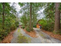 Inviting long driveway leading to a charming cabin-style home surrounded by mature trees at 415 W Carolina Ave, Summerville, SC 29483