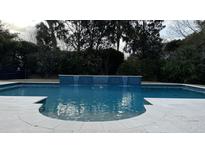 Beautiful in-ground swimming pool with a stone patio, flowing water feature and lush landscaping at 1535 Watoga Way Way, Mount Pleasant, SC 29466