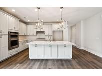 Modern kitchen features a large island with marble countertop, stainless steel appliances, and gray wood flooring at 714 Breakers Reef Ln, Huger, SC 29450