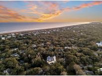 Breathtaking aerial view of a coastal home surrounded by lush trees, with the ocean stretching to the horizon at sunset at 129 Sparrow Dr, Isle of Palms, SC 29451
