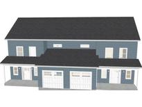 New construction duplex with light-blue siding, black roof, and attached two-car garages at 9 Wilderness Trl # B, North Charleston, SC 29418