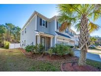 Charming two-story home features a manicured lawn and a swaying palm tree at 1610 Mermentau St, Mount Pleasant, SC 29466