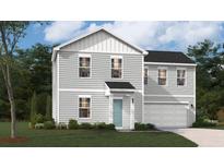 Charming two-story home featuring light gray siding, a light blue front door, and an attached two-car garage at 5023 Scow Ct, Summerville, SC 29485