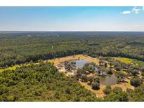 Stunning aerial view of a property with a private lake surrounded by lush green trees and two houses under construction at 2988 Lodge Berry Ln, Johns Island, SC 29455