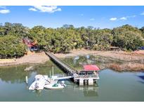 Stunning aerial view of a waterfront property with a private dock and boat lift at 127 Oak St, McClellanville, SC 29458