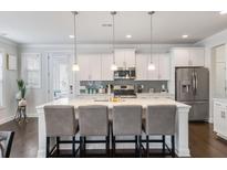 Modern kitchen featuring a central island with seating, stainless steel appliances, and stylish pendant lighting at 1588 Grey Marsh Rd, Mount Pleasant, SC 29466