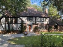 Charming Tudor-style home with a well-manicured front yard and mature trees at 104 Legend Oaks Way, Summerville, SC 29485