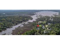 Scenic aerial view of a waterfront property with private docks, lush greenery and tranquil waterways at 4385 Ten Shillings Way, Hollywood, SC 29470