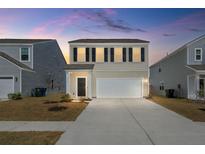 Two-story home featuring a two-car garage and neutral siding, set against a vibrant sunset sky at 4368 Ocean Farm Dr, Summerville, SC 29485