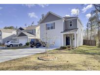 Charming two-story home featuring a manicured lawn, attached garage, and modern architectural details at 211 Tall Grass Ct, Summerville, SC 29483