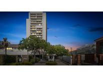 A towering condo building is seen behind a gate with lush trees during a colorful sunset sky at 330 Concord St # 7 A, Charleston, SC 29401