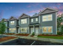 Charming gray townhome exteriors boast neat landscaping, white doors and window frames at 1303 Twin Rivers Dr, Wando, SC 29492