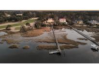 Panoramic aerial view of waterfront homes with private docks on a scenic waterway at twilight at 3232 Pignatelli Cres, Mount Pleasant, SC 29466