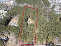 Aerial view of property with red outline surrounded by lush trees at 139 Claussen St, Summerville, SC 29483