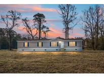 Inviting single-story home featuring gray siding, black shutters, and a well-lit entryway, set against a picturesque sky at 116 Wisteria Falls Trl, Saint Stephen, SC 29479