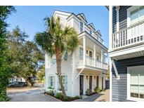 Charming three-story home with white siding, a balcony, and a lush palm tree in the front yard at 402 Rose Wilder Ln, Mount Pleasant, SC 29464