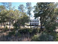 Charming two-story home with a balcony, seen amidst a lush landscape of trees and greenery at 4070 Egret Perch Ct, Ravenel, SC 29470