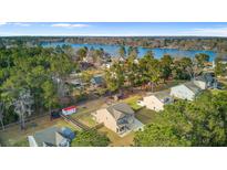 Picturesque aerial view of a lakeside community, showcasing lush greenery and waterfront homes at 1633 Pimlico Blvd, Moncks Corner, SC 29461