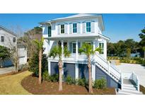 Charming two-story beach house with white siding, lovely shutters, and lush landscaping featuring palm trees at 4176 Victory Pointe Dr, Mount Pleasant, SC 29466