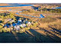 Stunning aerial view of waterfront homes along a tidal creek with marshland and mature trees at 1642 Bull Creek Ln, Charleston, SC 29414