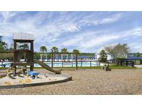 Community playground features a sandbox, slide, and swingset with views of the pool and surrounding lake at 169 Waccamaw Cir, Moncks Corner, SC 29461