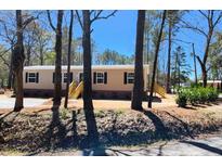 Charming single-story home featuring tan siding, dark shutters, and a wooden staircase leading to the front door at 413 Peacock Ln, Summerville, SC 29486