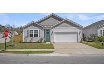Charming one-story home features a teal front door, light gray siding, attached garage, and a well-manicured lawn at 9700 Flooded Field Drive Dr, Ladson, SC 29456