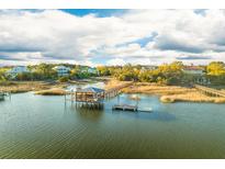 Gorgeous aerial view featuring a private dock with covered seating on the water at 1527 Creek Side Way, Charleston, SC 29492