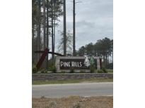 Stone and concrete community welcome sign with the words Pine Hills surrounded by tall trees on an overcast day at 413 Cedarview Rd, Summerville, SC 29486