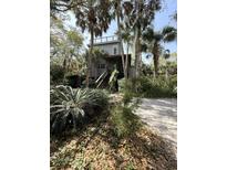Charming home featuring a quaint stairwell entrance surrounded by beautiful palm trees and lush greenery at 4113 Buccaneer Rd, Isle of Palms, SC 29451