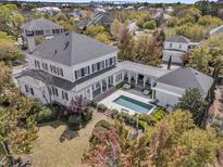 Stunning aerial view of home featuring pool, outdoor seating, and beautifully landscaped backyard at 111 Ithecaw Creek St, Charleston, SC 29492