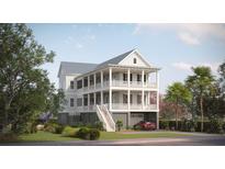 Charming two-story coastal home with double porches, lush landscaping, and convenient ground-level garage at 343 Simone Dr, Daniel Island, SC 29492