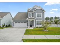 Charming home featuring a well-maintained lawn, a two car garage, and light blue siding at 204 Corvus St, Summerville, SC 29483