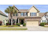 Charming two-story home featuring a stone facade, manicured lawn, and a mature palm tree in the front yard at 2254 Show Basket Way, Mount Pleasant, SC 29466