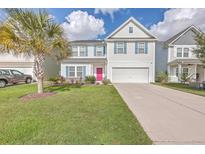 Charming two-story home featuring a well-manicured lawn, a palm tree, and a striking pink front door at 353 Dunlin Dr, Summerville, SC 29486